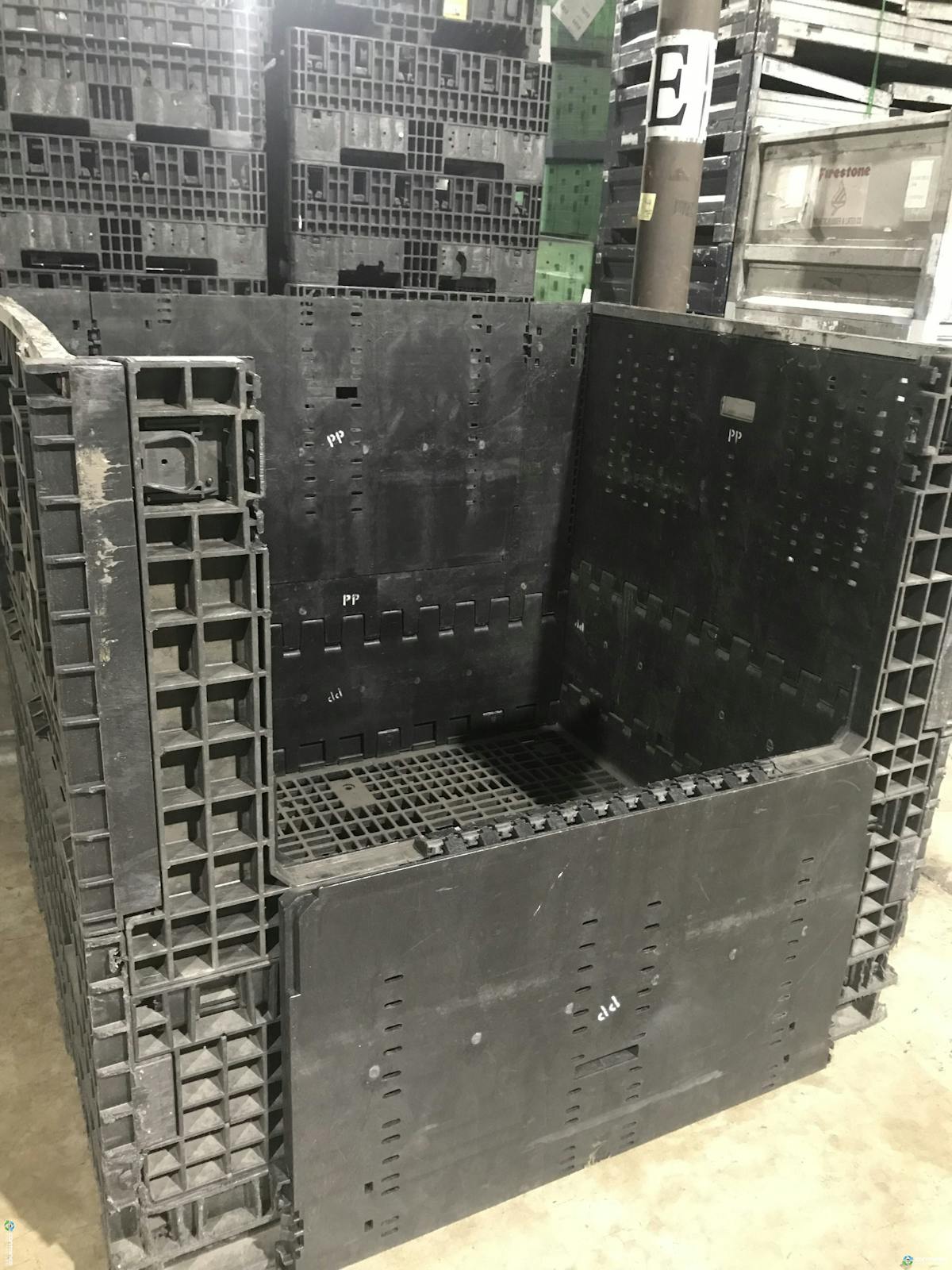 Pallet Containers For Sale: Used 56x48x50 Collapsible Black Plastic Pallet Containers- with 2 Drop Doors In Indiana - image  1