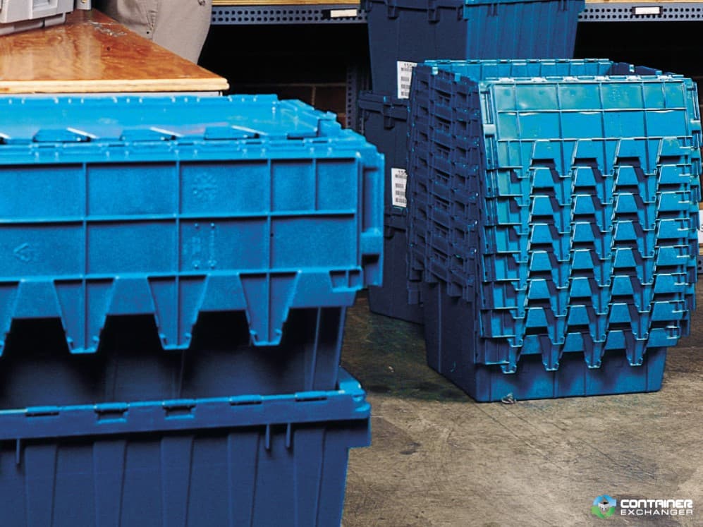 Stack & Nest Totes For Sale: New Blue 26.75x17x9.62 Attached lid Container In Ontario - image 2 Stack & Nest Totes For Sale: New Blue 26.75x17x9.62 Attached lid Container In Ontario - image 2