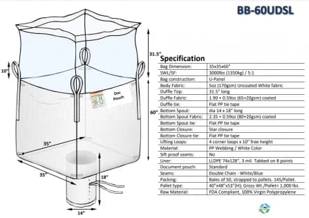 Bulk Bags - FIBC For Sale: NEW 35x35x60 Duffle Top Spout Bottom Bulk Bags with PE Liners New Jersey In New Jersey - image 1 Bulk Bags - FIBC For Sale: NEW 35x35x60 Duffle Top Spout Bottom Bulk Bags with PE Liners New Jersey In New Jersey - image 1