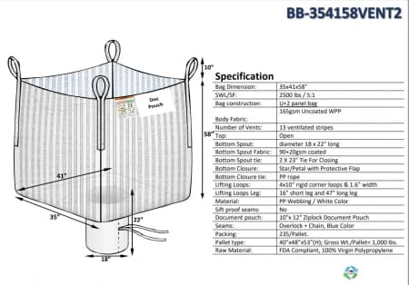 Bulk Bags - FIBC For Sale: NEW 35x41x58 Open Top Spout Bottom Ventilated Bulk Bags In New Jersey - image 1 Bulk Bags - FIBC For Sale: NEW 35x41x58 Open Top Spout Bottom Ventilated Bulk Bags In New Jersey - image 1