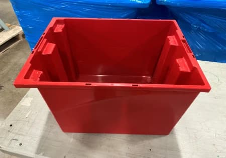 Stacking Totes For Sale: Used 19.5" x 15.5" x 13" Quantum Stack and Nest Totes- Red In - image 1 Stacking Totes For Sale: Used 19.5" x 15.5" x 13" Quantum Stack and Nest Totes- Red In - image 1