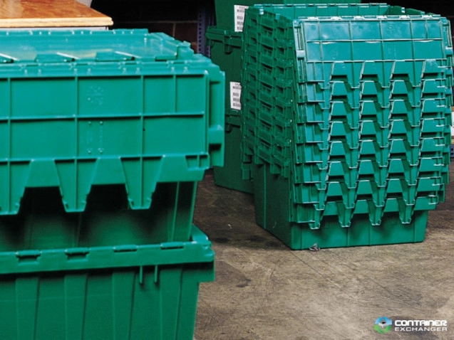 Stack & Nest Totes For Sale: New Green 26.75x17x9.62 Attached lid Container Ontario In Ontario - image 2 Stack & Nest Totes For Sale: New Green 26.75x17x9.62 Attached lid Container Ontario In Ontario - image 2