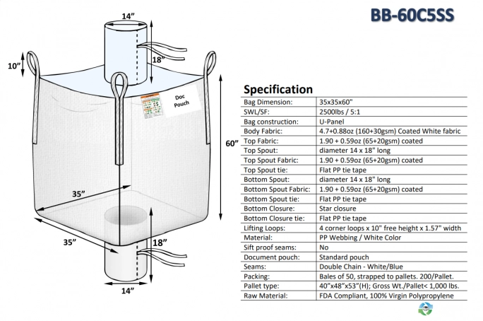 Bulk Bags - FIBC For Sale: NEW 35x35x60 Spout Top Spout Bottom Bulk Bags Coated New Jersey In New Jersey - image 2 Bulk Bags - FIBC For Sale: NEW 35x35x60 Spout Top Spout Bottom Bulk Bags Coated New Jersey In New Jersey - image 2