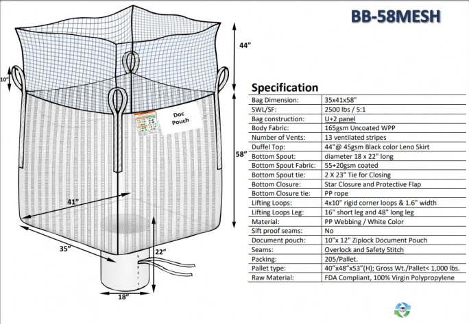 Bulk Bags - FIBC For Sale: New 35x41x58 Mesh Duffle Top Spout Bottom In New Jersey - image 1 Bulk Bags - FIBC For Sale: New 35x41x58 Mesh Duffle Top Spout Bottom In New Jersey - image 1