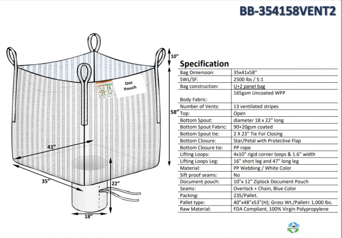 Bulk Bags - FIBC For Sale: NEW 35x41x58 Open Top Spout Bottom Ventilated Bulk Bags, GA, NJ and California In New Jersey - image 1 Bulk Bags - FIBC For Sale: NEW 35x41x58 Open Top Spout Bottom Ventilated Bulk Bags, GA, NJ and California In New Jersey - image 1