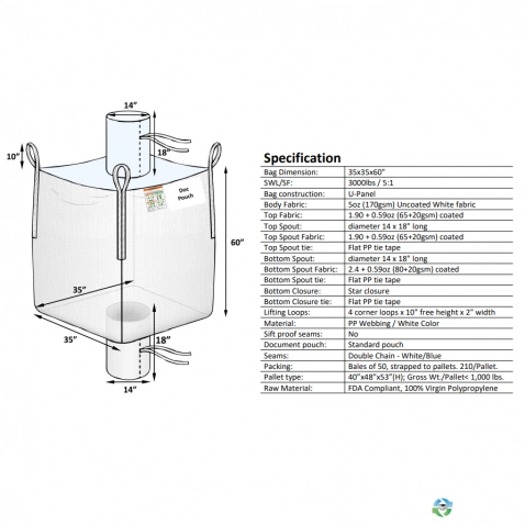 Bulk Bags - FIBC For Sale: New 35x35x60 Spout Top and Bottom Bulk Bags Uncoated New Jersey In New Jersey - image 1 Bulk Bags - FIBC For Sale: New 35x35x60 Spout Top and Bottom Bulk Bags Uncoated New Jersey In New Jersey - image 1