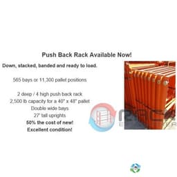 Push-Back Racks For Sale: Used Push Back Racks 565 Bays 2 deep x 4 high for 40x48 pallets Indiana In Indiana - image  1 Push-Back Racks For Sale: Used Push Back Racks 565 Bays 2 deep x 4 high for 40x48 pallets Indiana In Indiana - image  1