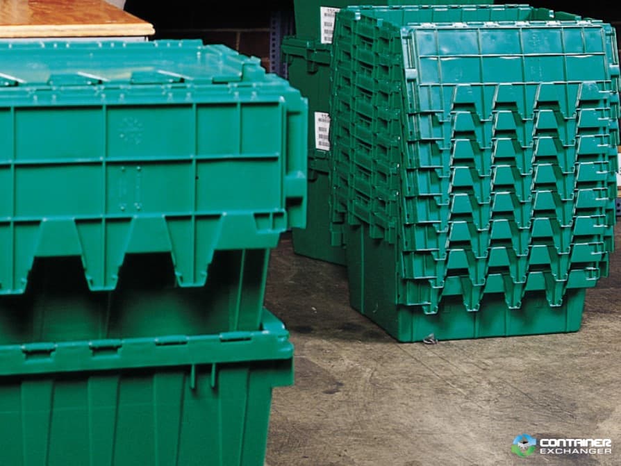 Stack & Nest Totes For Sale: New Green 26.75x17x9.62 Attached lid Container Ontario In Ontario - image 2 Stack & Nest Totes For Sale: New Green 26.75x17x9.62 Attached lid Container Ontario In Ontario - image 2