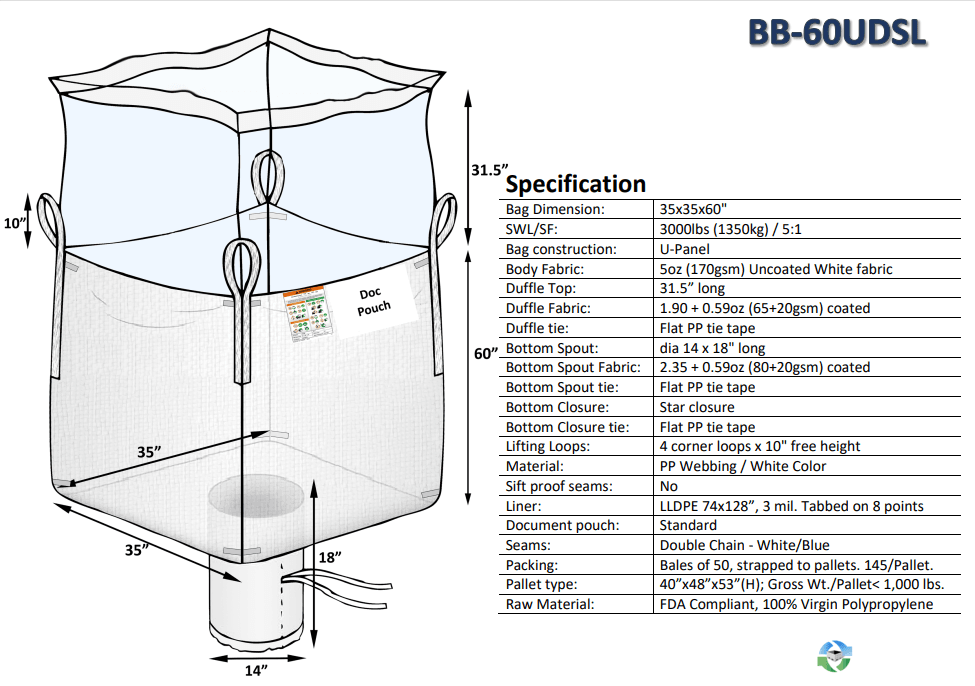 Bulk Bags - FIBC For Sale: NEW 35x35x60 Duffle Top Spout Bottom Bulk Bags with PE Liners New Jersey In New Jersey - image 1 Bulk Bags - FIBC For Sale: NEW 35x35x60 Duffle Top Spout Bottom Bulk Bags with PE Liners New Jersey In New Jersey - image 1