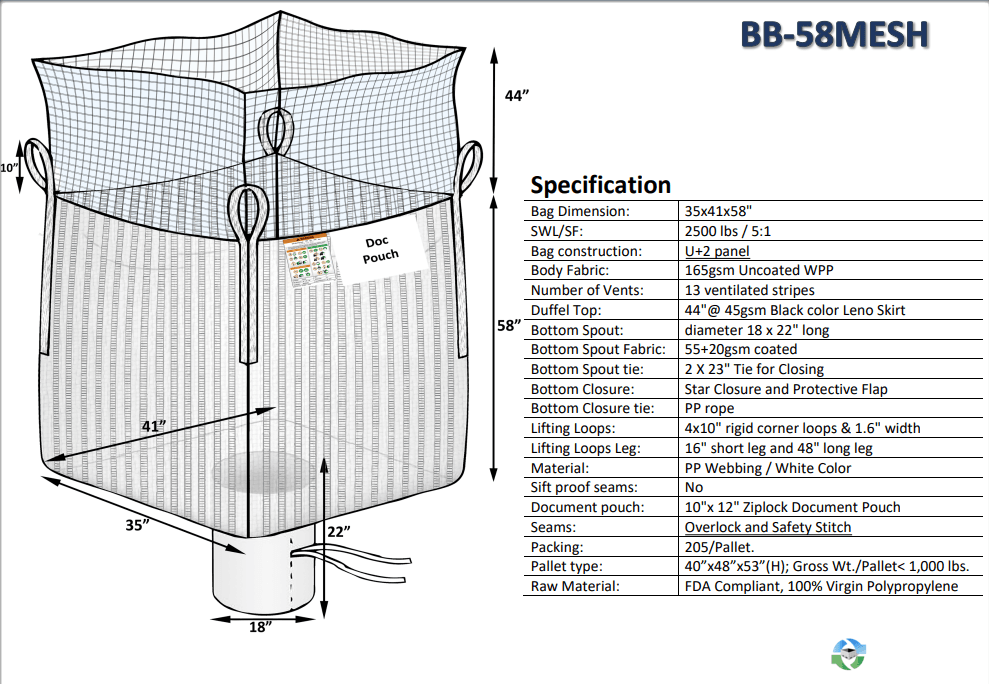 Bulk Bags - FIBC For Sale: New 35x41x58 Mesh Duffle Top Spout Bottom In New Jersey - image 1 Bulk Bags - FIBC For Sale: New 35x41x58 Mesh Duffle Top Spout Bottom In New Jersey - image 1