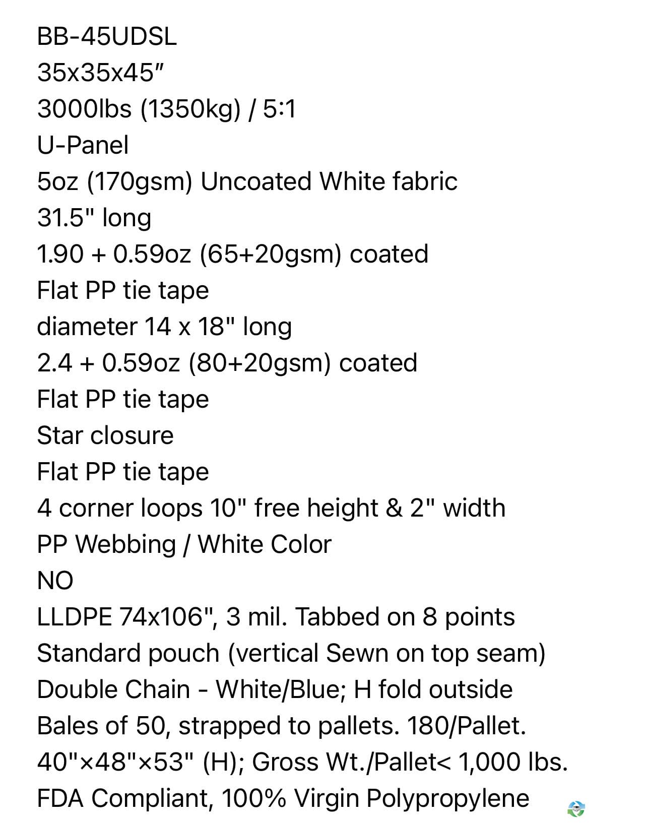 Bulk Bags - FIBC For Sale: New 35x35x45 Bulk Bags Duffle Spout with BUILT IN LINER- 3000 LB SWL Ohio In Ohio - image 2 Bulk Bags - FIBC For Sale: New 35x35x45 Bulk Bags Duffle Spout with BUILT IN LINER- 3000 LB SWL Ohio In Ohio - image 2
