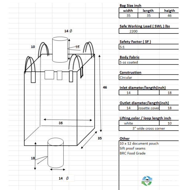 Bulk Bags - FIBC For Sale: New 35x35x46 Bulk Bags Spout and Bottom BRC Food Grade In Illinois - image 1 Bulk Bags - FIBC For Sale: New 35x35x46 Bulk Bags Spout and Bottom BRC Food Grade In Illinois - image 1