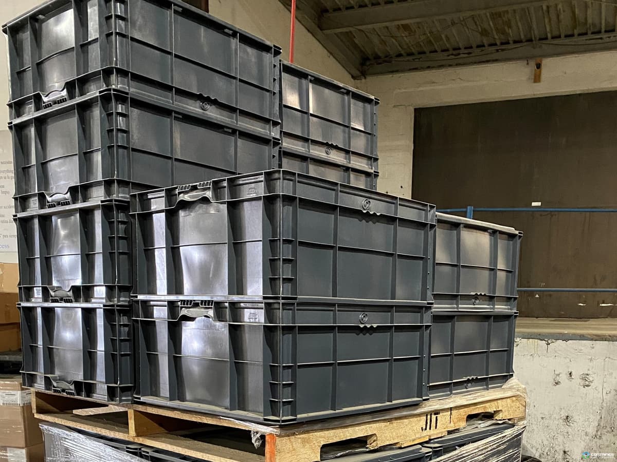Gray File Totes Used Orbis 32x15x7 Grey Stacking Totes Indiana | Container Exchanger